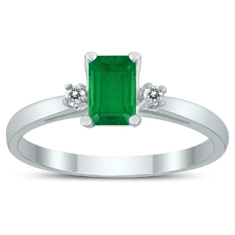 Women’s black gold ring-Emerald Cut 6X4MM Emerald and Diamond Three Stone Ring in 10K White Gold