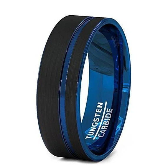 Women’s engagement ring set-Men's Black Tungsten Wedding Band With Blue Groove and Inside - 8 mm