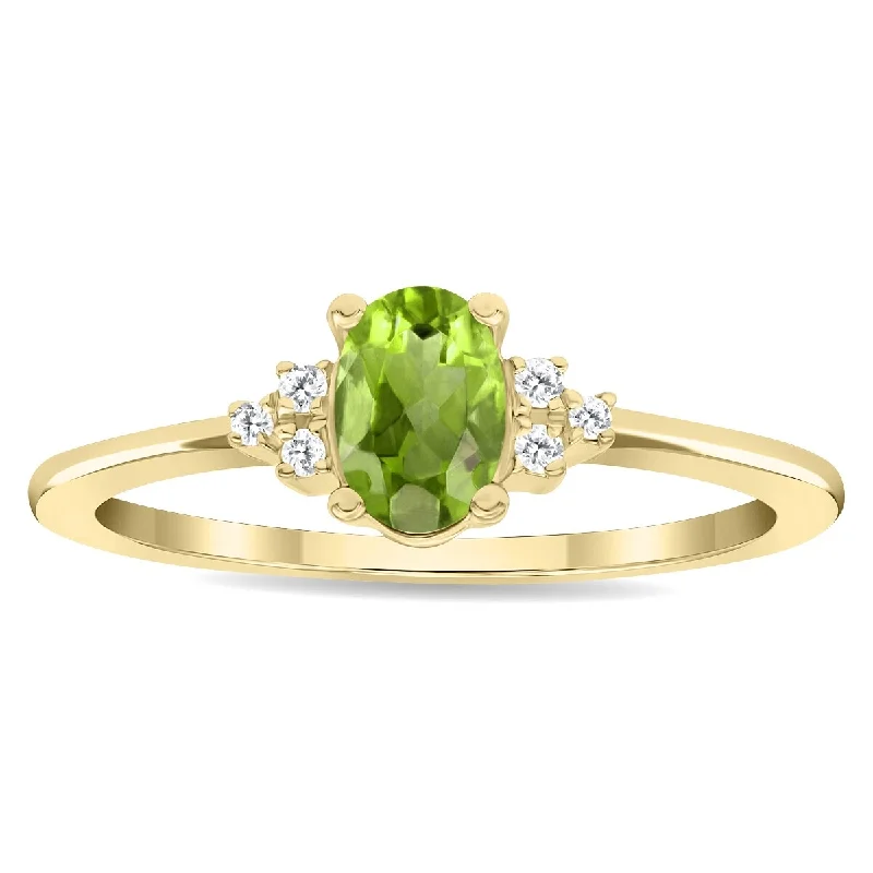 Women’s promise ring-Women's Oval Shaped Peridot and Diamond Half Moon Ring in 10K Yellow Gold