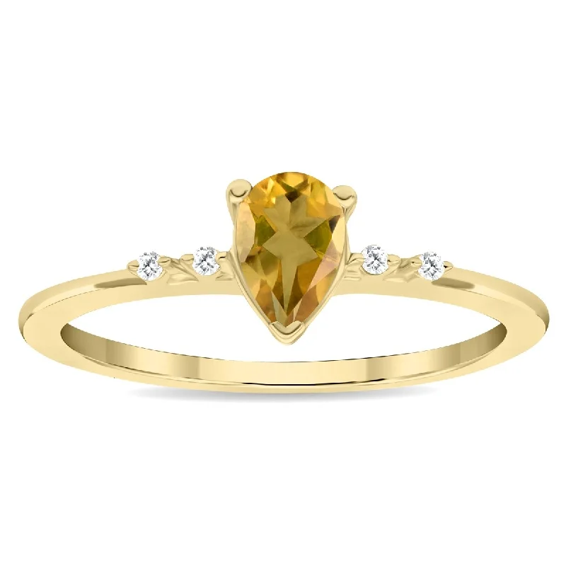 Women’s unique diamond ring-Women's Pear Shaped Citrine and Diamond Sparkle Ring in 10K Yellow Gold