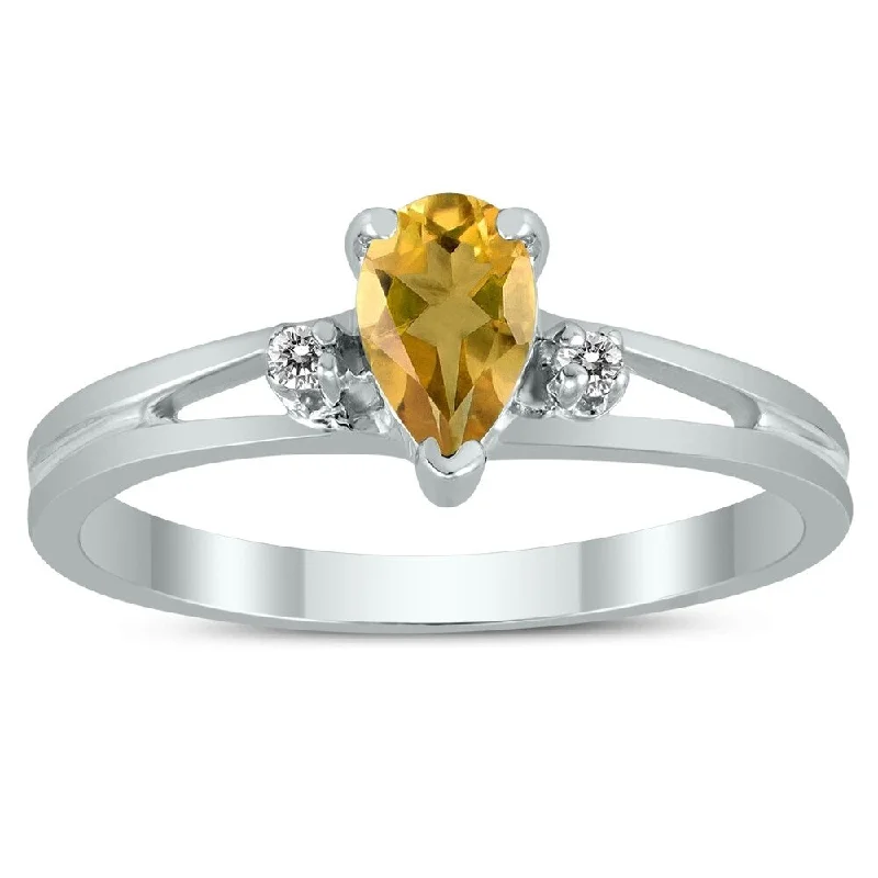 Women’s sapphire diamond ring-6X4MM Citrine and Diamond Pear Shaped Open Three Stone Ring in 10K White Gold