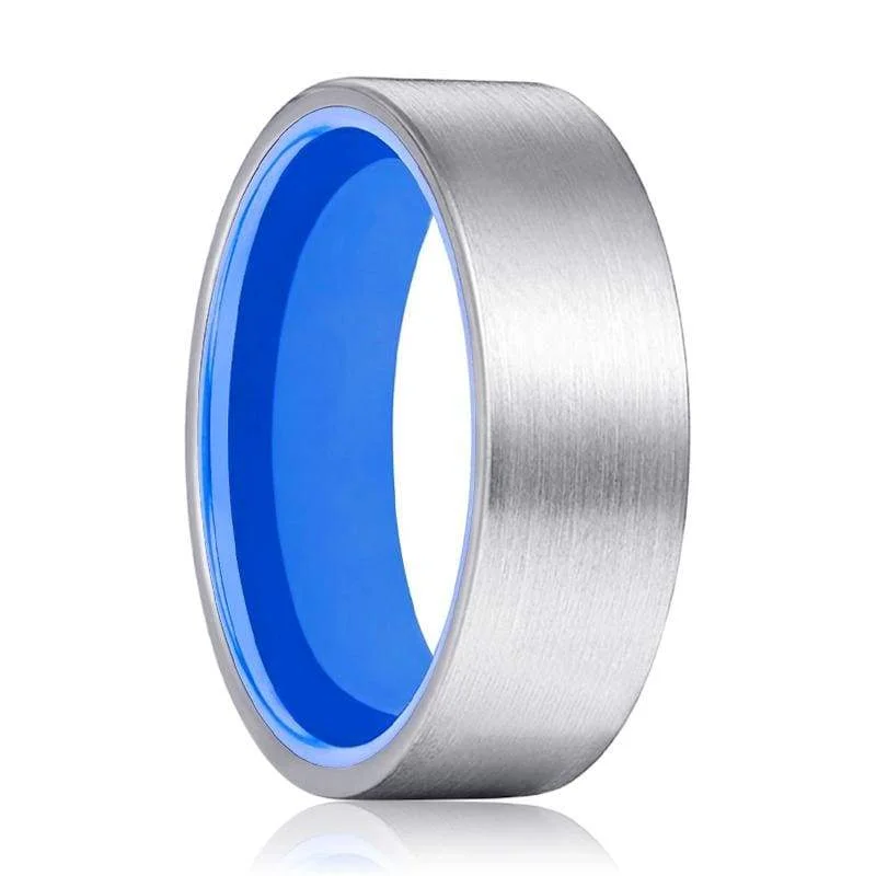 Women’s luxury ring-Torrington Men's Flat Brushed Tungsten Carbide Ring with Sky Blue Inner - 8mm