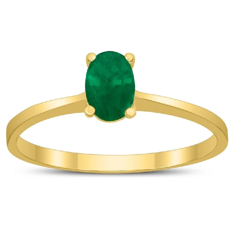 Women’s silver ring-Oval Solitaire 6X4MM Emerald Ring in 10K Yellow Gold