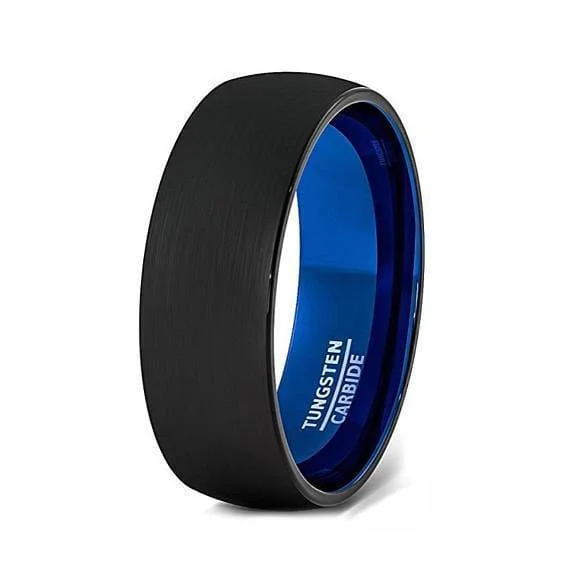 Women’s stackable rings-Black Tungsten Wedding Band With Deep Blue Inside and Brushed Finish - 6mm & 8mm