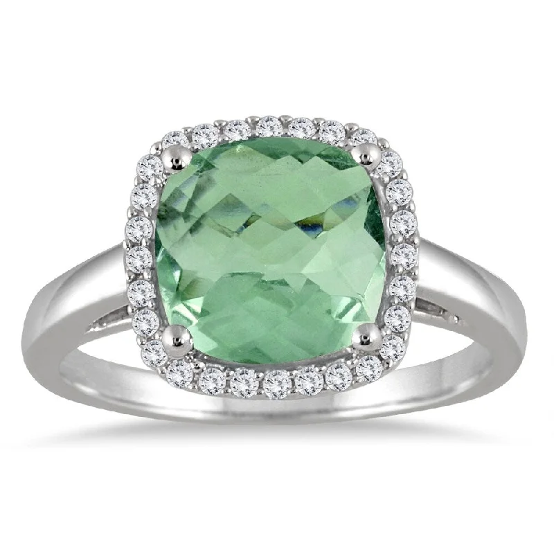 Women’s gemstone ring-2.90 Carat Cushion Cut Green Amethyst and Diamond Halo Ring in 10K White Gold