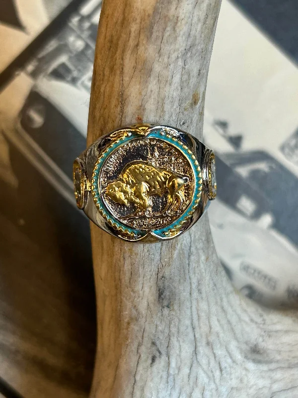 Women’s vintage diamond ring-Buffalo Nickel Biker Ring