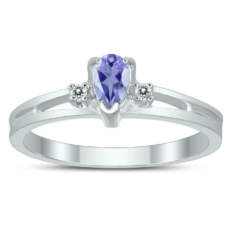 Women’s simple band ring-5X3MM Tanzanite and Diamond Pear Shaped Open Three Stone Ring in 10K White Gold