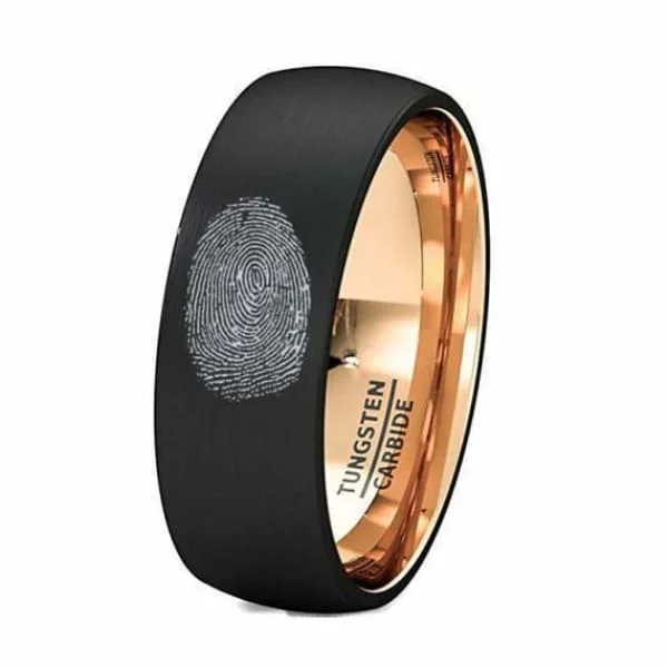 Women’s triple-stone ring-Finger Print Engraved Tungsten With  Rose Gold Inlay Brushed Wedding Ring - 8 mm