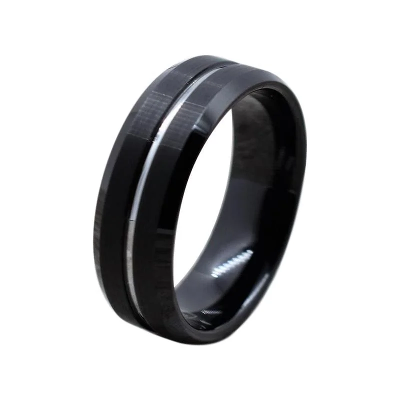 Women’s antique ring-Black Tungsten Carbide Ring  Brushed Finish with Silver Colored Center Groove 8mm