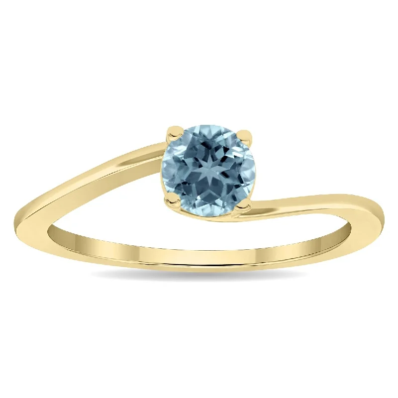 Women’s polished ring-Women's Round Shaped Solitaire Aquamarine Wave Ring in 10K Yellow Gold