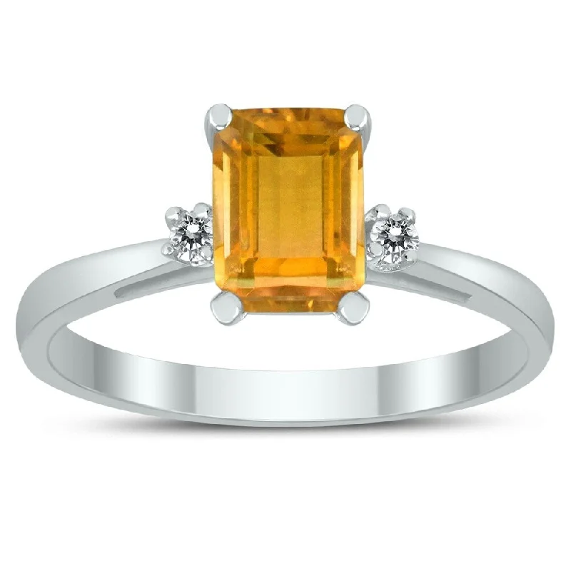 Women’s statement cocktail ring-Emerald Cut 7X5MM Citrine and Diamond Three Stone Ring in 10K White Gold