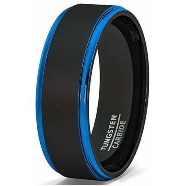 Women’s birthstone ring-Men's Two Tone Brushed Black Tungsten Ring With Blue Stepped Edges - 8mm