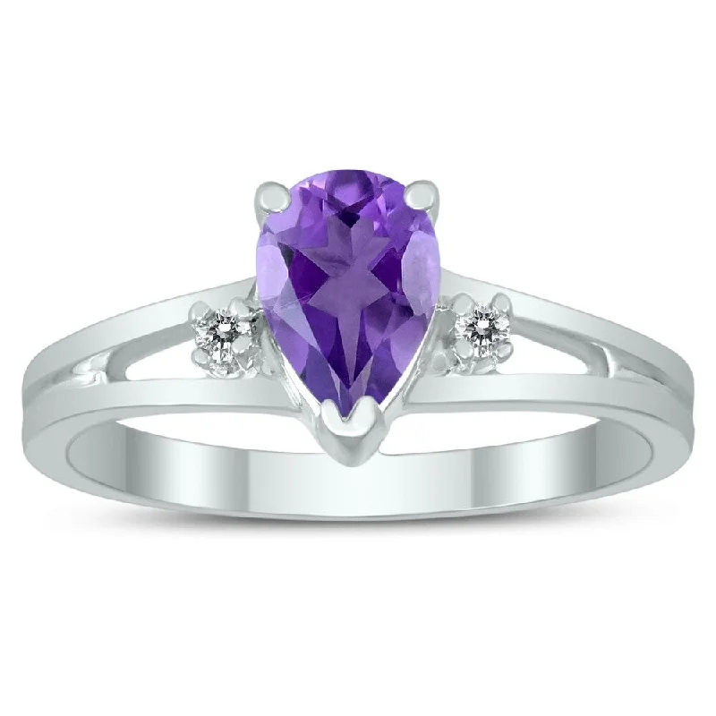 Women’s diamond band ring-7X5MM Amethyst and Diamond Pear Shaped Open Three Stone Ring in 10K White Gold