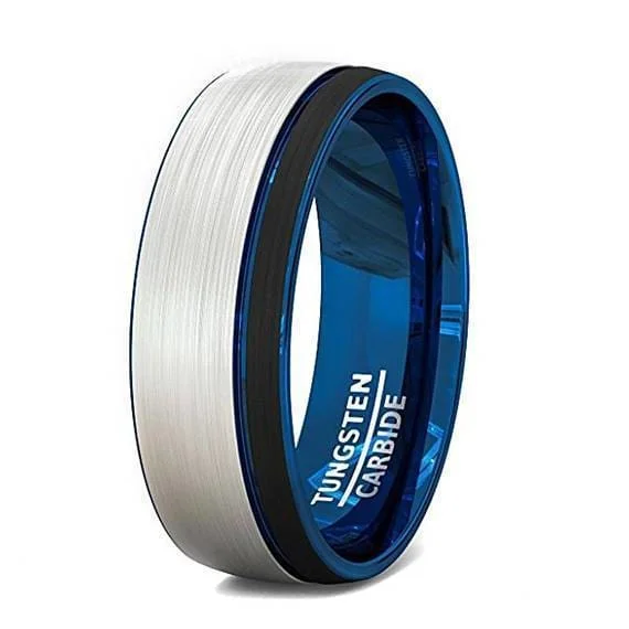 Women’s chunky ring-Men's Beveled Tungsten Wedding Band With Brushed Center & Blue Inside - 8mm