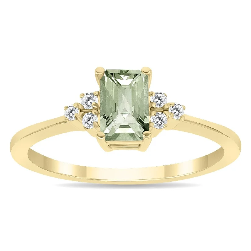 Women’s halo diamond ring-Green Amethyst and Diamond Regal Ring in 10k Yellow Gold