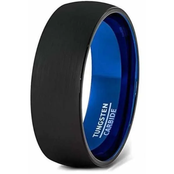 Women’s trendy ring-Black & Blue Brushed Center Domed Tungsten Carbide Ring For Him -6mm & 8mm