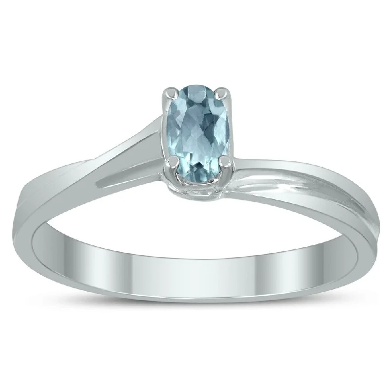 Women’s three-stone engagement ring-Solitaire Oval 5X3MM Aquamarine Gemstone Twist Ring in 10K White Gold