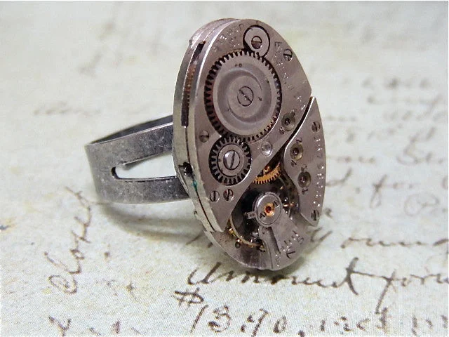 Women’s wide gemstone ring-Steampunk Ring - Ovoid - Steampunk jewelry made with vintage watch parts