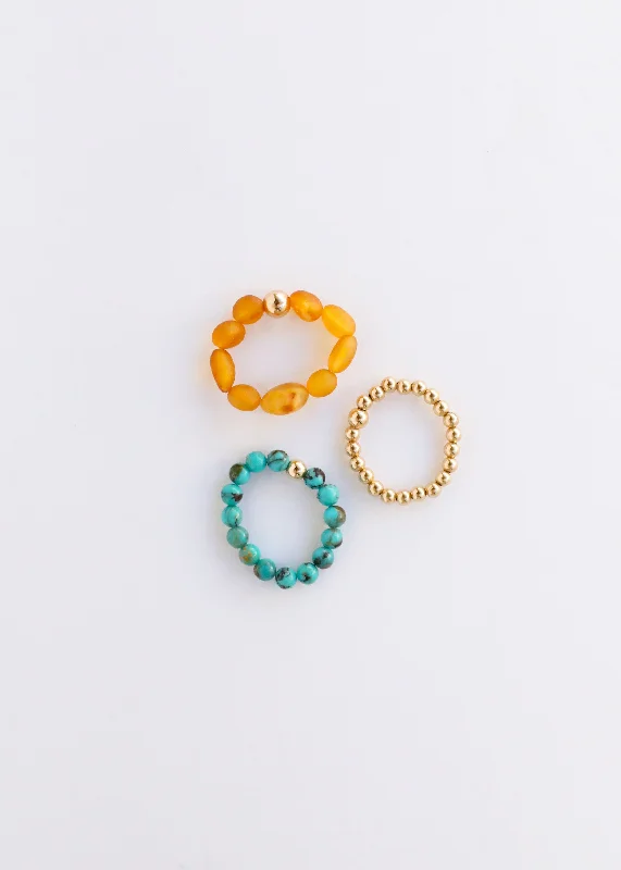 Women’s gemstone ring-Natural Turquoise + 14k Gold Filled + Honey Amber || Ring Set Trio ||