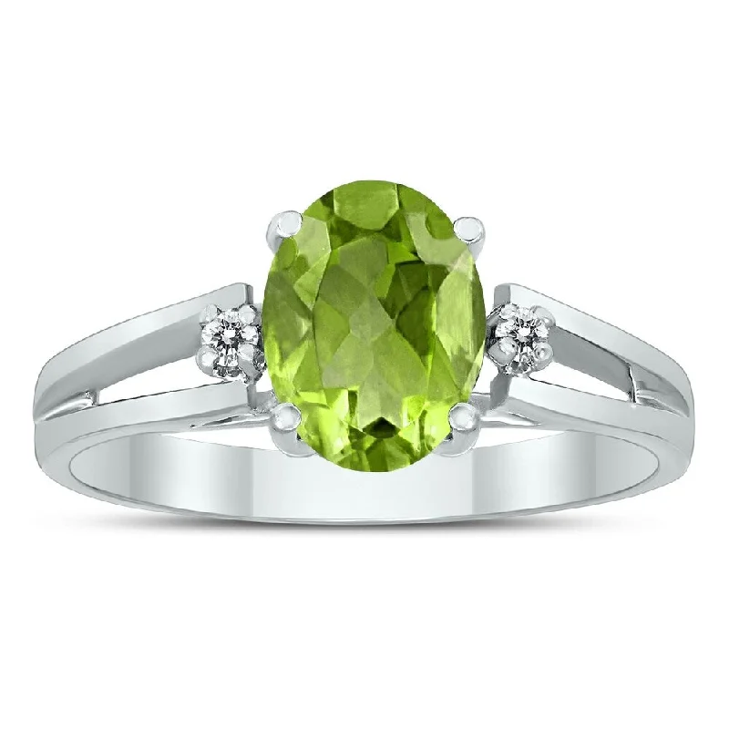 Women’s gold ring-8X6MM Peridot and Diamond Open Three Stone Ring in 10K White Gold