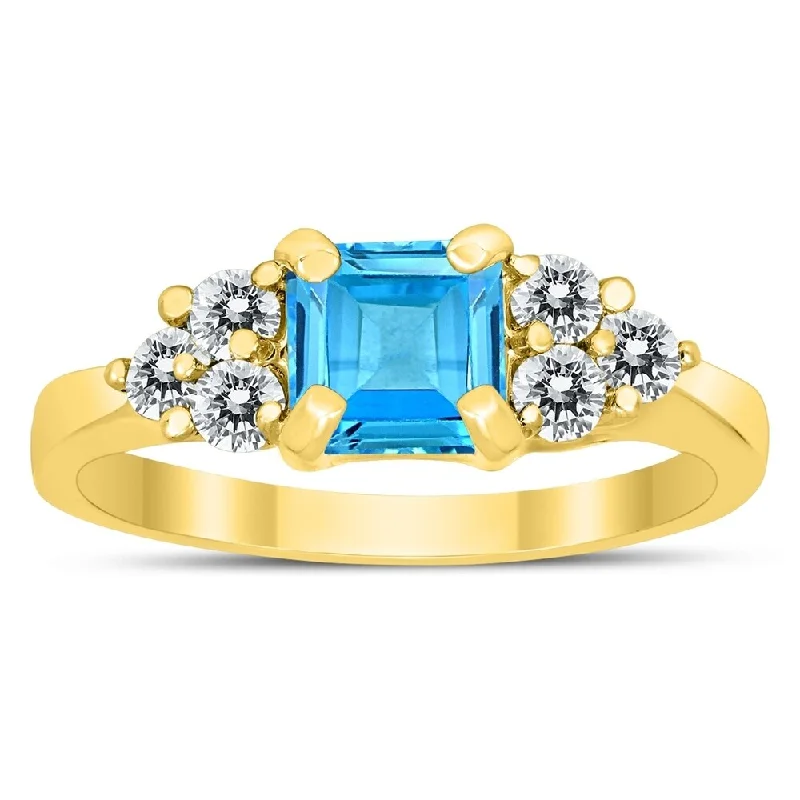 Women’s minimal gold ring-Princess Cut 6X6MM Blue Topaz and Diamond Duchess Ring in 10K Yellow Gold