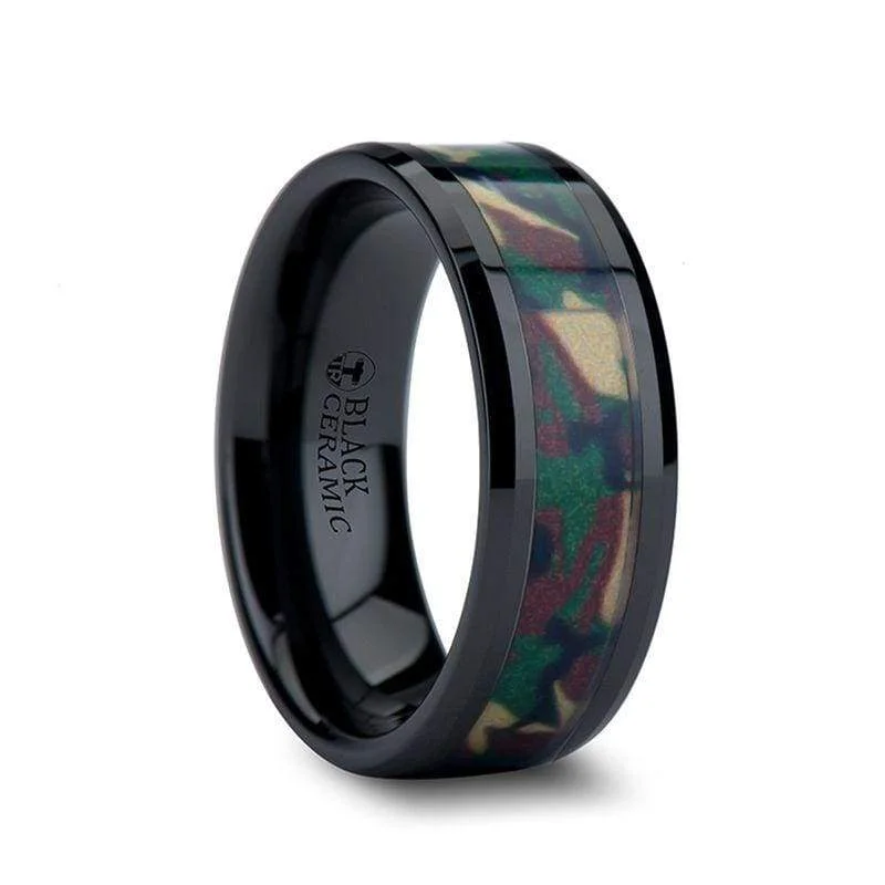 Women’s moissanite ring-BARTEK Beveled Black Ceramic Ring With Real Military Style Jungle Camo 6mm - 10mm