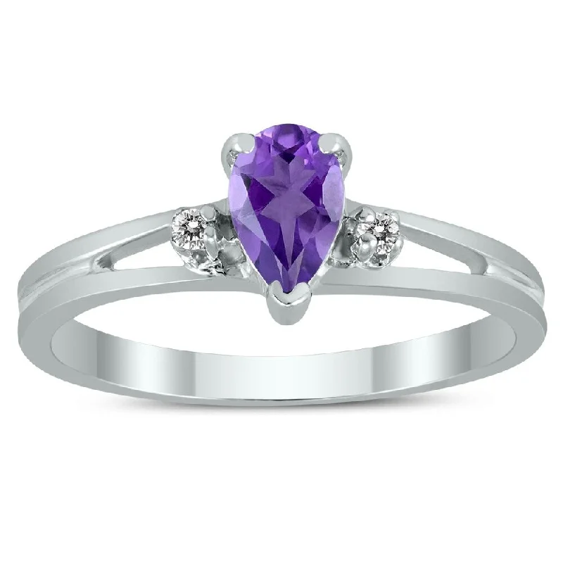 Women’s gold band ring-6X4MM Amethyst and Diamond Pear Shaped Open Three Stone Ring in 10K White Gold