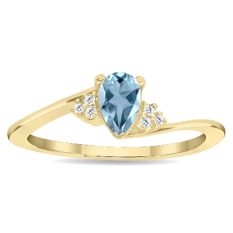 Women’s elegant ring-Women's Pear Shaped Aquamarine and Diamond Tierra Ring in 10K Yellow Gold