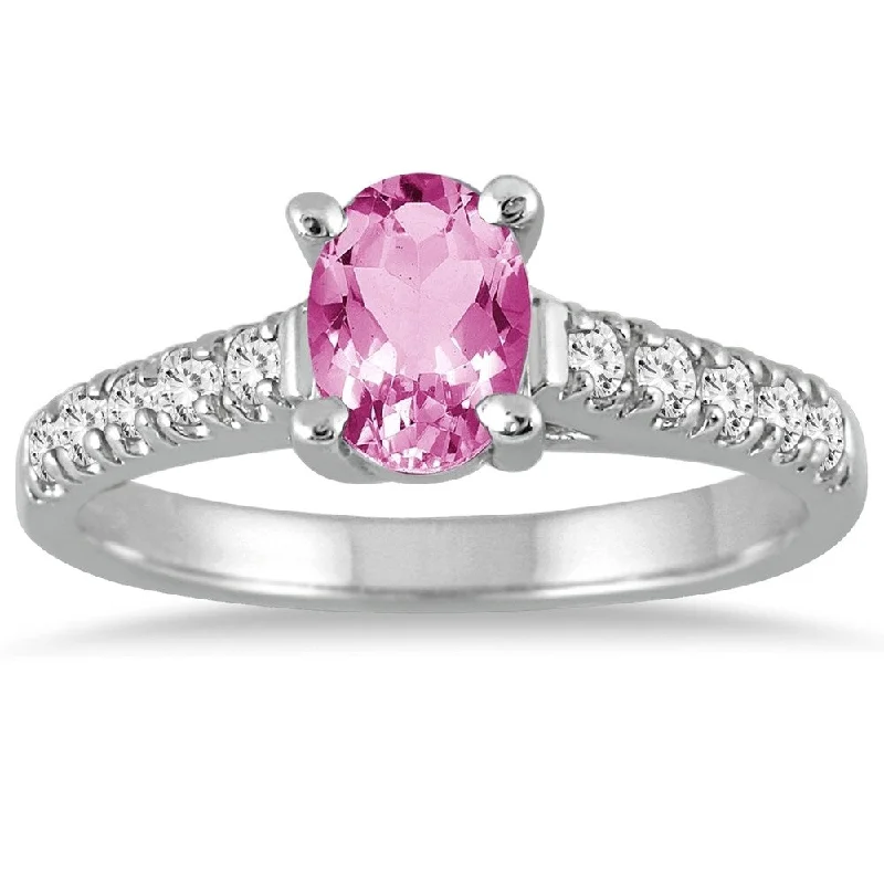 Women’s stackable rings-1 Carat Oval Pink Topaz and Diamond Ring in 14K White Gold