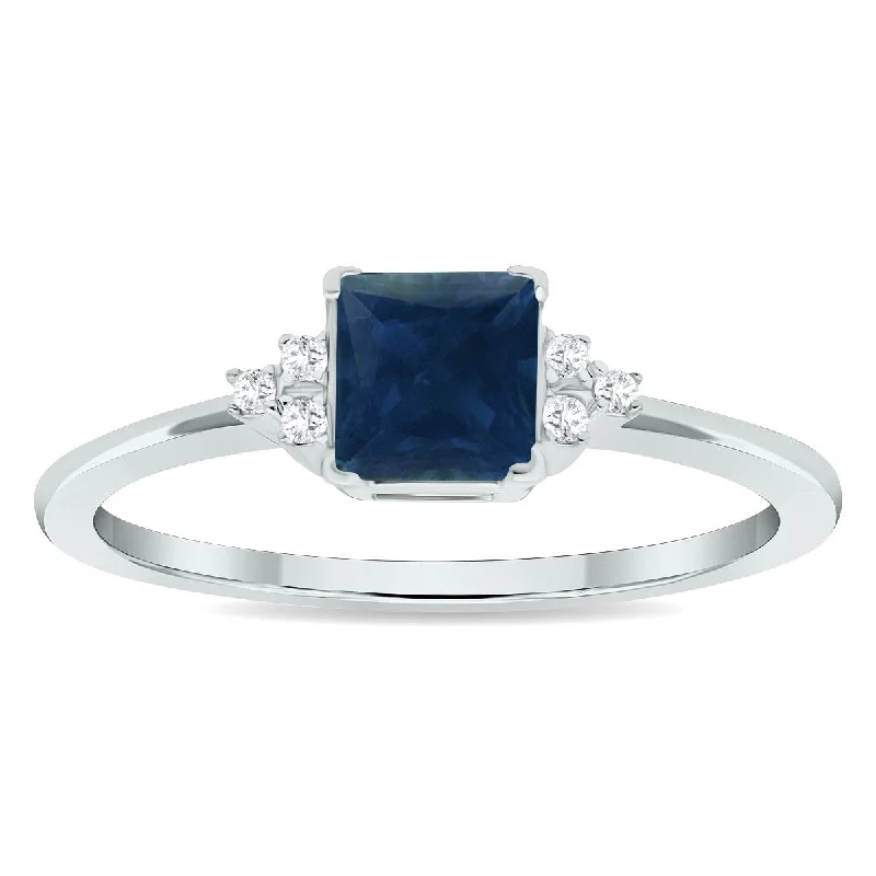 Women’s triple-stone ring-Women's Princess Cut Sapphire and Diamond Half Moon Ring in 10K White Gold