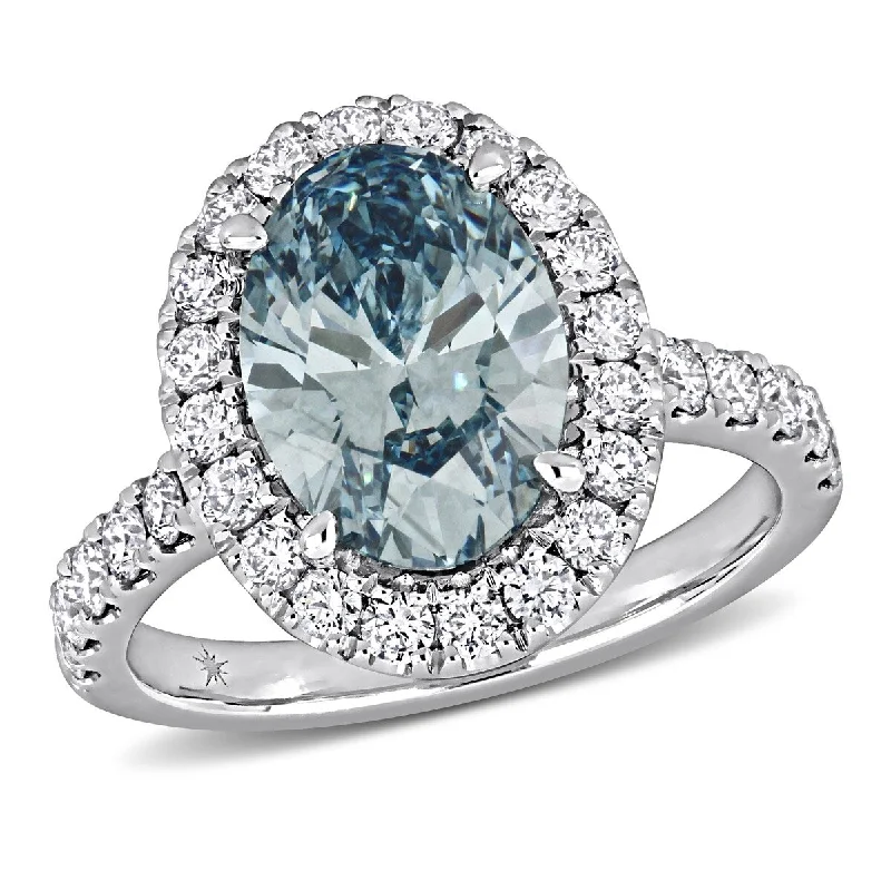 Women’s simple band ring-Created Forever by Miadora 4ct TW Lab Grown Blue and White Diamond Halo Ring in 14k White Gold