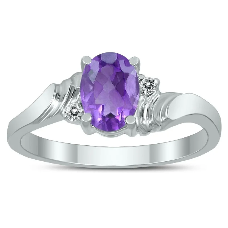 Women’s custom ring-7X5MM Amethyst and Diamond Wave Ring in 10K White Gold