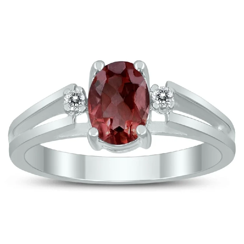 Women’s rose gold ring-7X5MM Garnet and Diamond Open Three Stone Ring in 10K White Gold