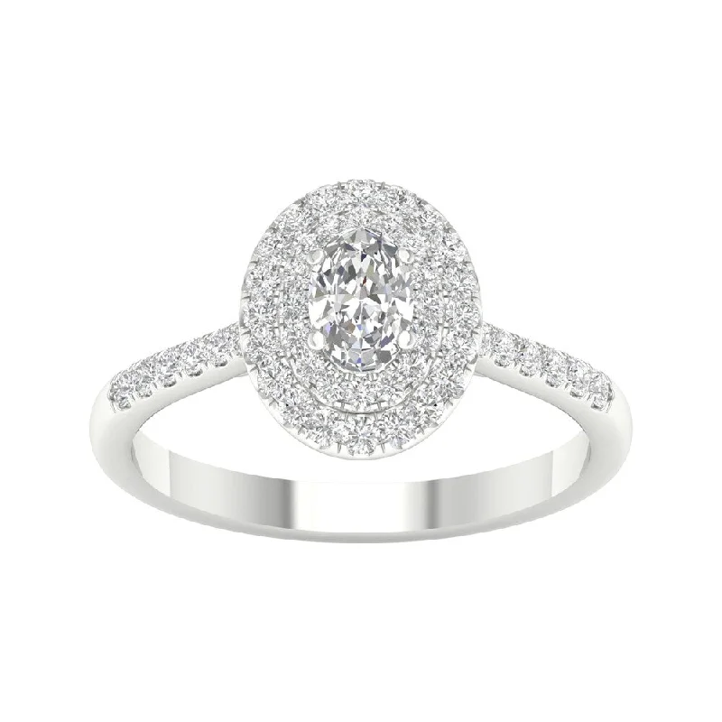 Women’s cocktail ring-3/4ct TDW Diamond Double Halo Ring in 10k Gold by De Couer