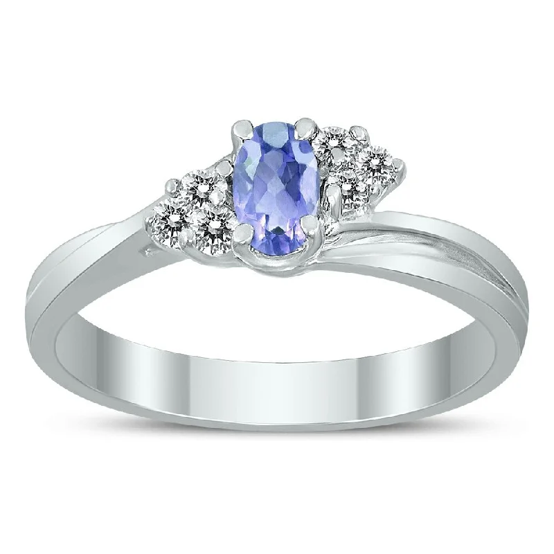 Women’s halo gemstone ring-5X3MM Tanzanite and Diamond Twist Ring in 10K White Gold