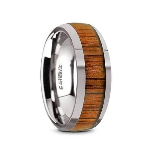 Women’s colorful gemstone ring-Leo Men's Round Tungsten Wedding Ring With Genuine Koa Wood Inlay - 8 mm