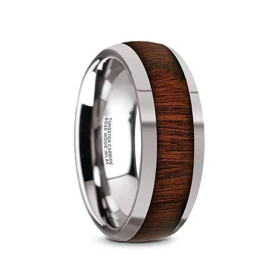 Women’s opal ring-Caden Domed Tungsten Carbide Wedding Band With Rose Wood Inlay For Him - 8 mm