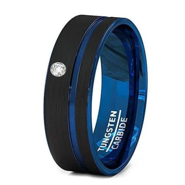 Women’s signet ring-Mens Blue Grooved Center Tungsten Wedding Band With Cubic Zirconia Setting - 8 mm