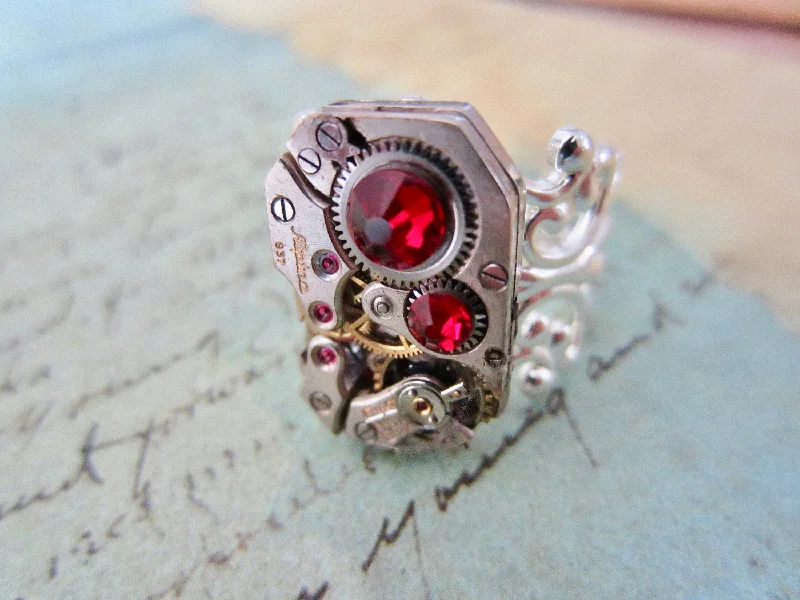 Women’s halo engagement ring-Ruby Watch movement Victorian style silver adjustible ring - Steampunk - Swarovski crystals in Ruby | July