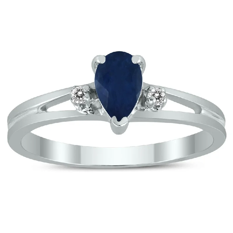 Women’s simple diamond ring-6X4MM Sapphire and Diamond Pear Shaped Open Three Stone Ring in 10K White Gold