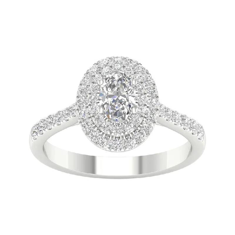 Women’s statement cocktail ring-1ct TDW Diamond Double Halo Ring in 10k Gold by De Couer