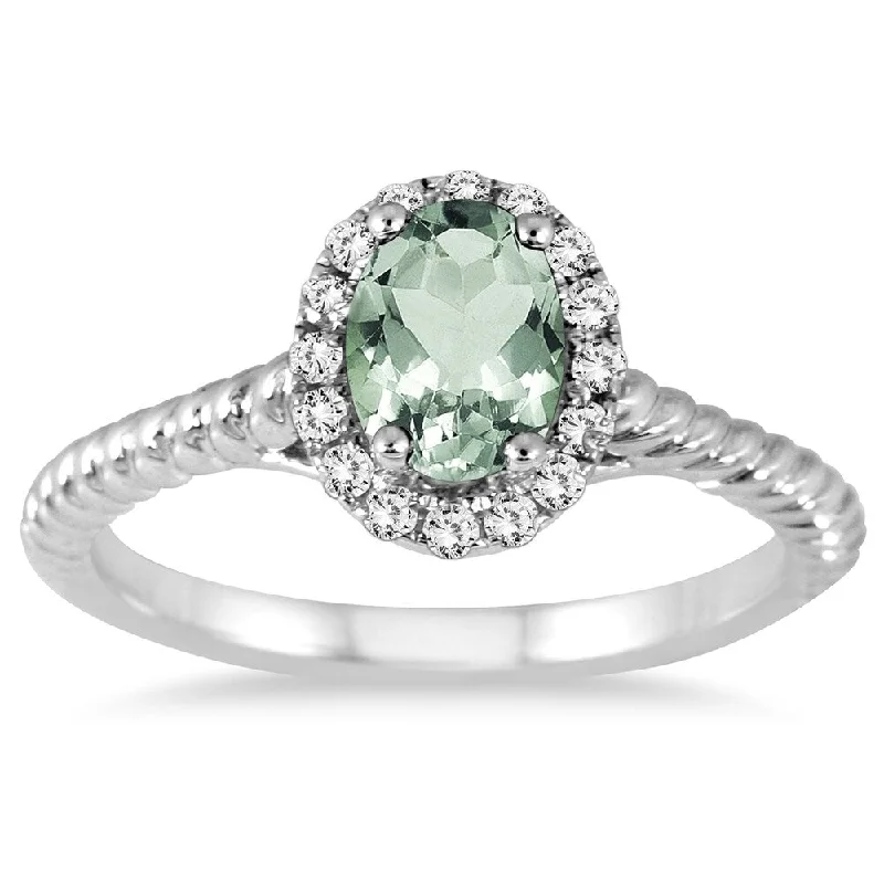 Women’s pearl statement ring-1 Carat Green Amethyst and Diamond Halo Rope Ring in 10K White Gold