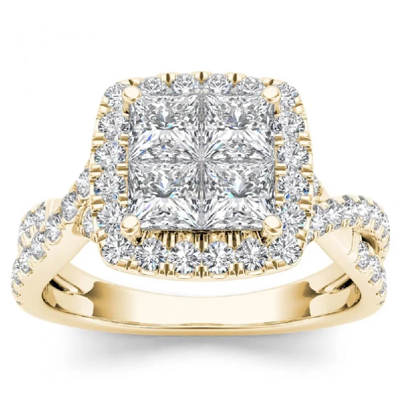 Women’s geometric ring-De Couer 14k Yellow Gold 2ct TDW Diamond Twist Shank Halo Ring