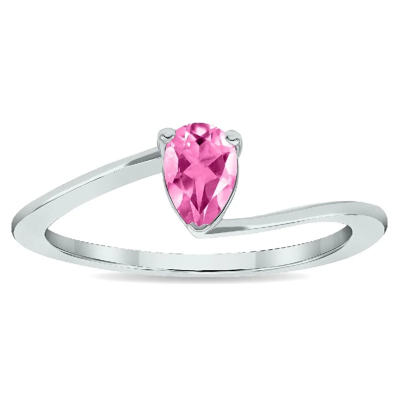 Women’s chunky gemstone ring-Women's Solitaire Pink Topaz Wave Ring in 10K White Gold