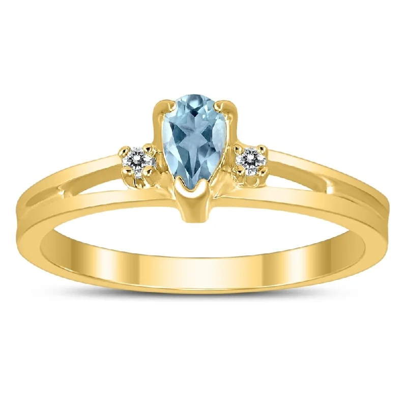 Women’s adjustable gemstone ring-5X3MM Aquamarine and Diamond Pear Shaped Open Three Stone Ring in 10K Yellow Gold