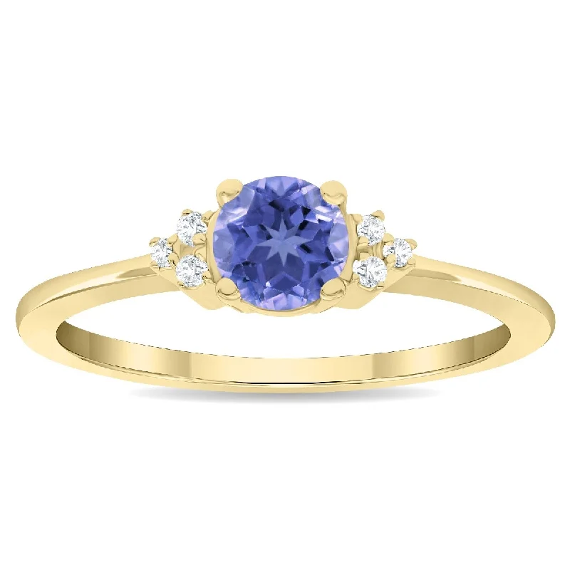 Women’s birthstone ring-Women's Round Shaped Tanzanite and Diamond Half Moon Ring in 10K Yellow Gold