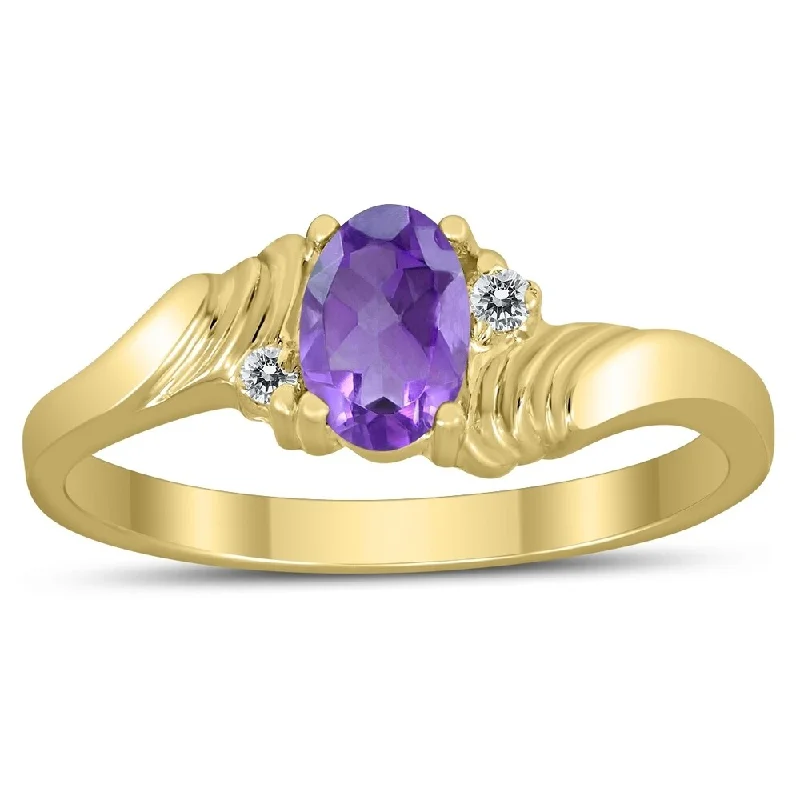 Women’s custom gemstone ring-6X4MM Amethyst and Diamond Wave Ring in 10K Yellow Gold