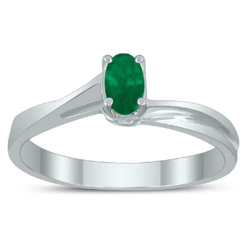 Women’s signet ring-Solitaire Oval 5X3MM Emerald Gemstone Twist Ring in 10K White Gold