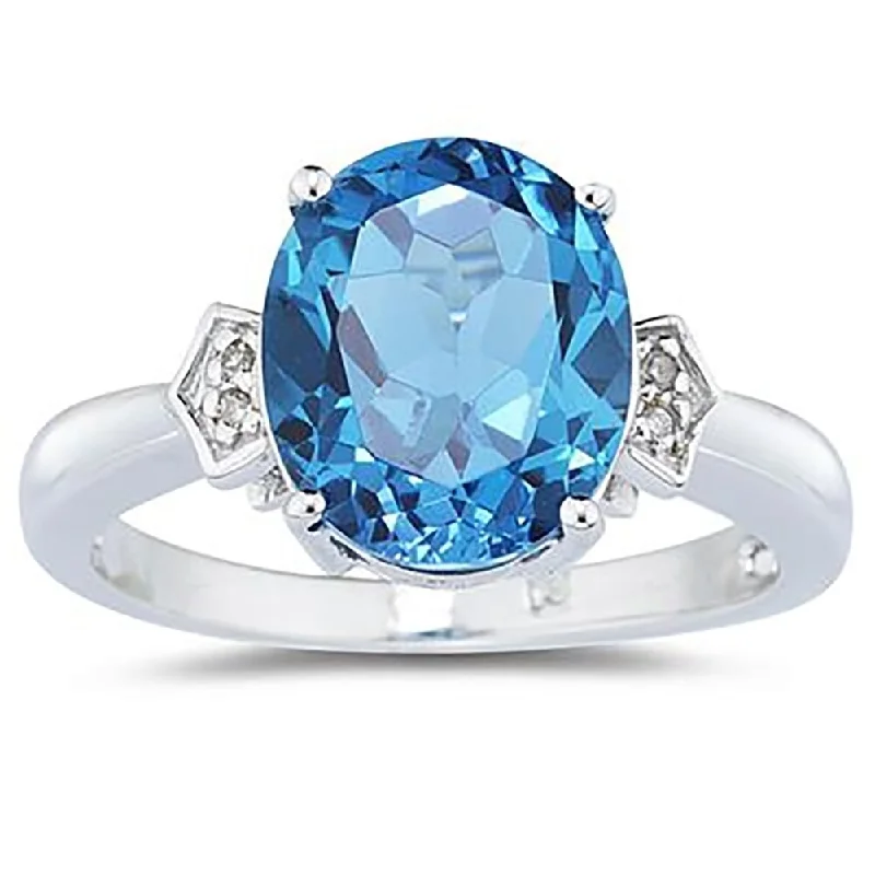 Women’s adjustable silver ring-Blue Topaz & Diamond Ring in 10k White Gold