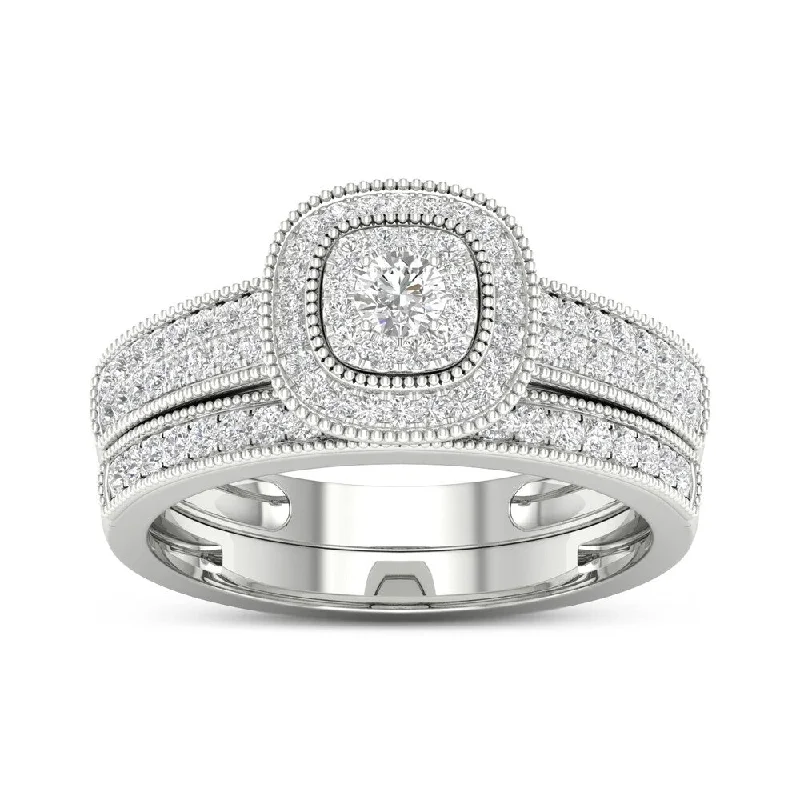 Women’s three-stone engagement ring-De Couer 10k Gold 1/2ct TDW Diamond Halo Bridal Ring